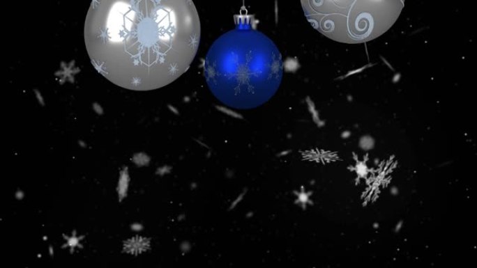 黑色背景上的雪上的圣诞节气泡动画