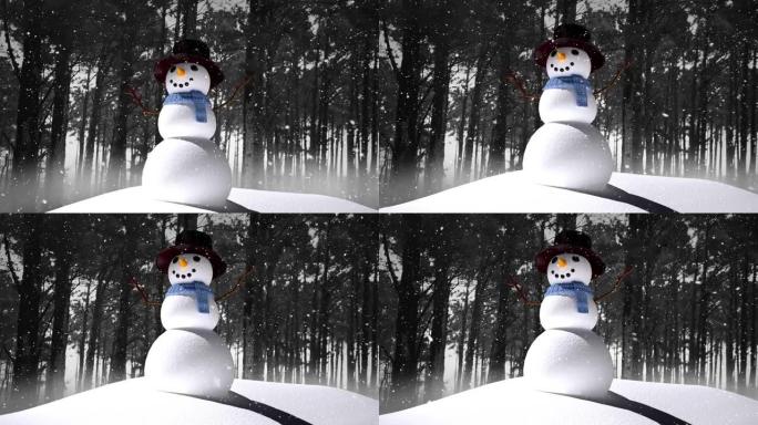 雪落在雪人和冬季景观上的动画