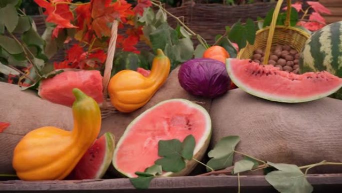秋收节有水果，南瓜西瓜白菜和五颜六色的花朵。秋季乡村风格的设计。