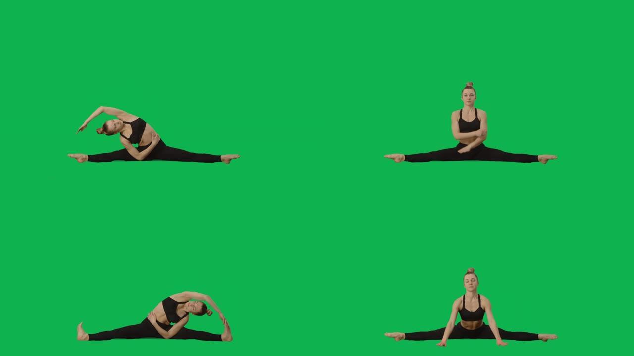穿着运动服的年轻女子做瑜伽，伸展身体。锻炼，女性健身，有氧运动。绿色屏幕背景上的侧视图全长。慢动作准
