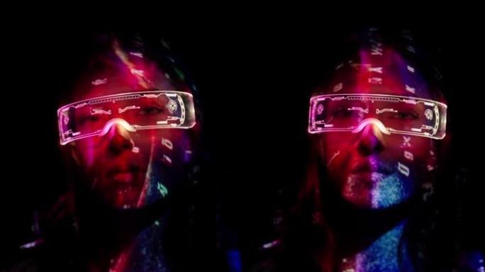 戴着未来派眼镜的女人脸上的投影