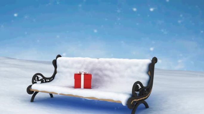 冬天风景中被雪覆盖的长凳上的圣诞节礼物上的雪的动画