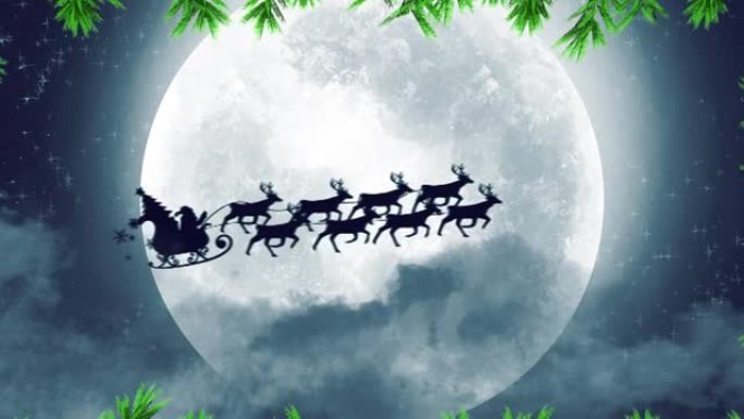 绿色的树枝在雪橇上的圣诞老人被驯鹿拉到夜空中的月亮上