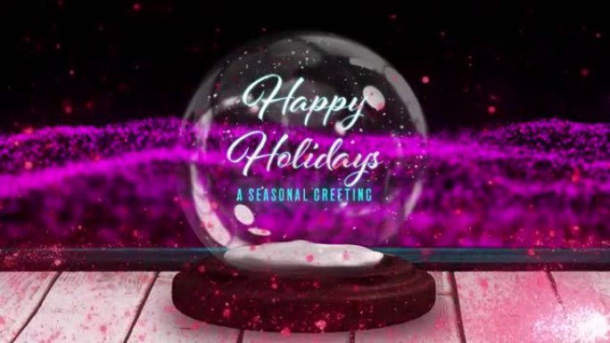 木板、流星和粉色网眼上的雪球圣诞问候动画