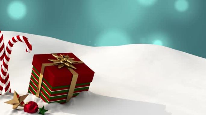 礼物和圣诞节糖果的动画躺在雪地上，蓝灯落在背景中