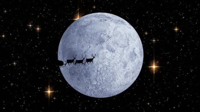 雪落在雪橇上的圣诞老人身上，被驯鹿拉向月亮和闪亮的星星