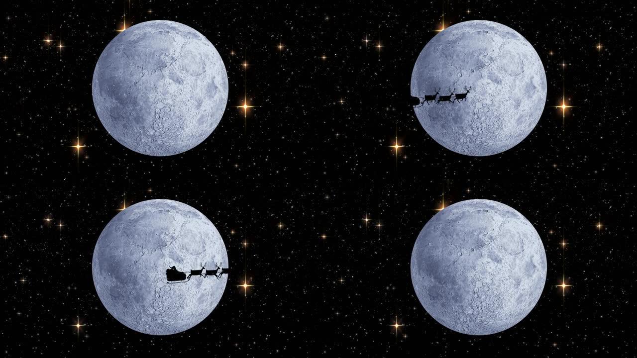 雪落在雪橇上的圣诞老人身上，被驯鹿拉向月亮和闪亮的星星