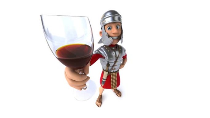 有趣的3D卡通罗马士兵与一杯葡萄酒