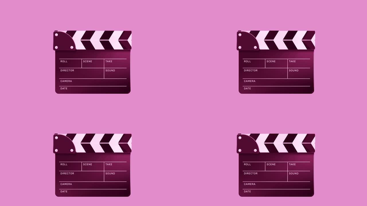 4k空白粉色拍板动作动画股票视频运动图形视频动画。电影和电影拍板图标设计电影制作拍板股票视频