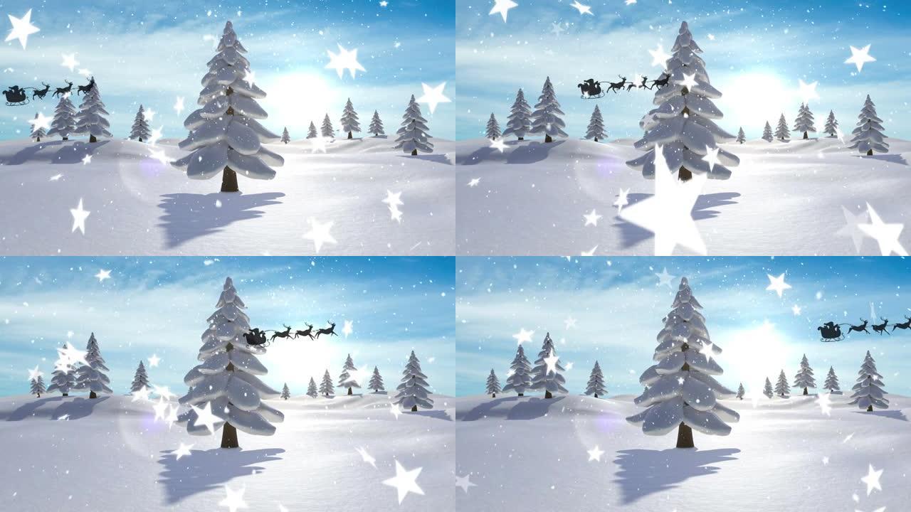 冬季风景下的积雪，雪橇和雨鹿的动画