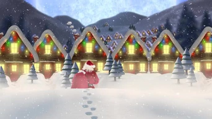雪落在圣诞老人和冬季景观上的多座房屋和树木的后视上