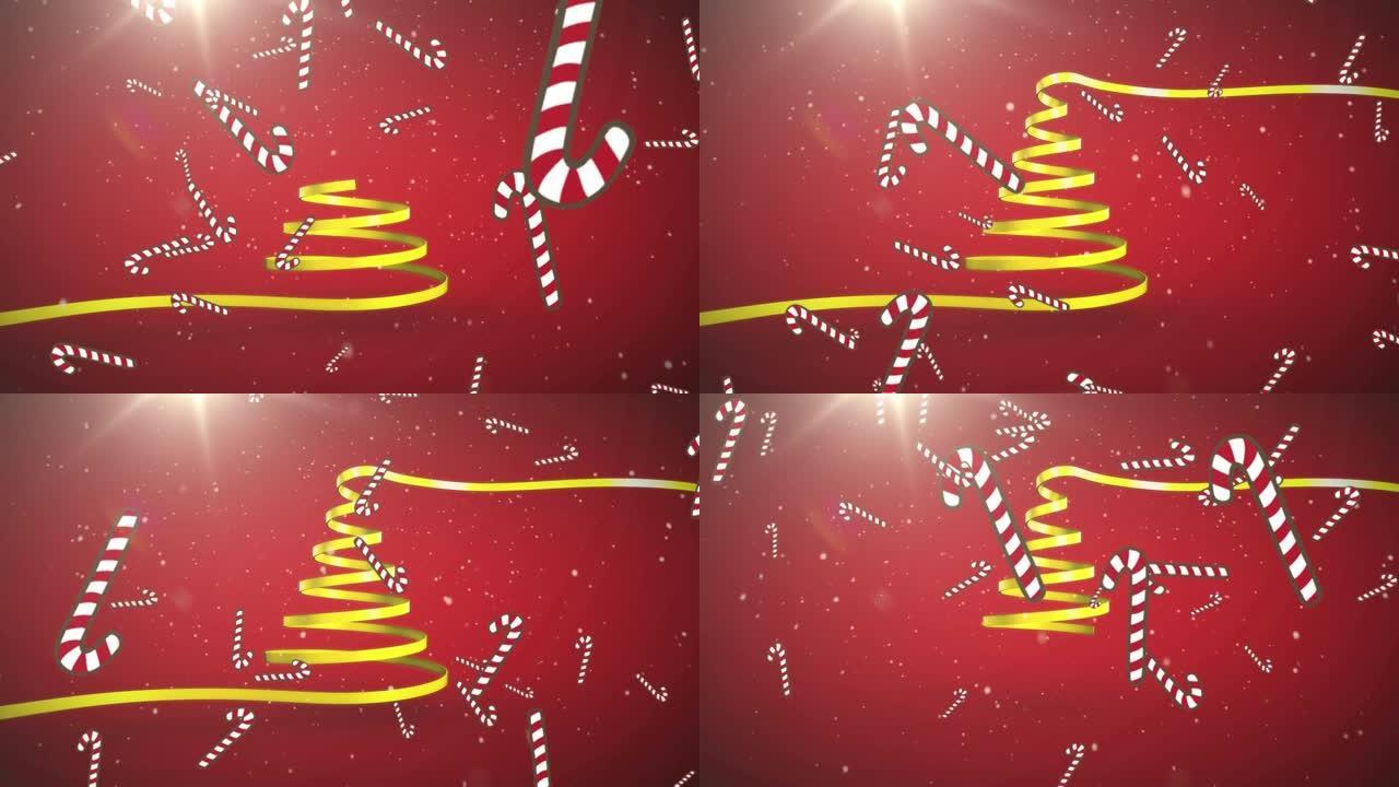 黄丝带和拐杖掉落形成的圣诞树动画
