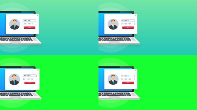 笔记本电脑屏幕上的登录页面。笔记本和在线登录表格，登录页面。运动图形