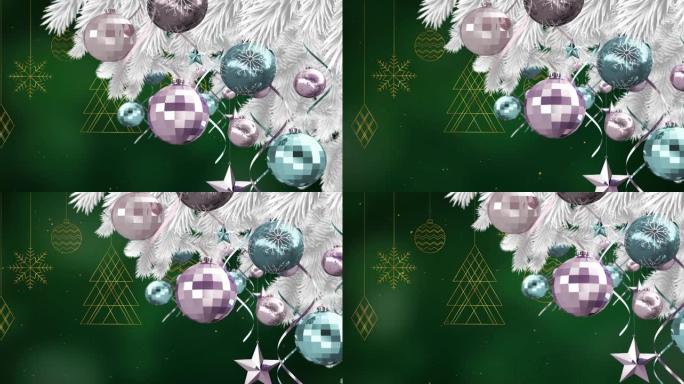 圣诞树上的挂饰与绿色背景上的圣诞挂饰
