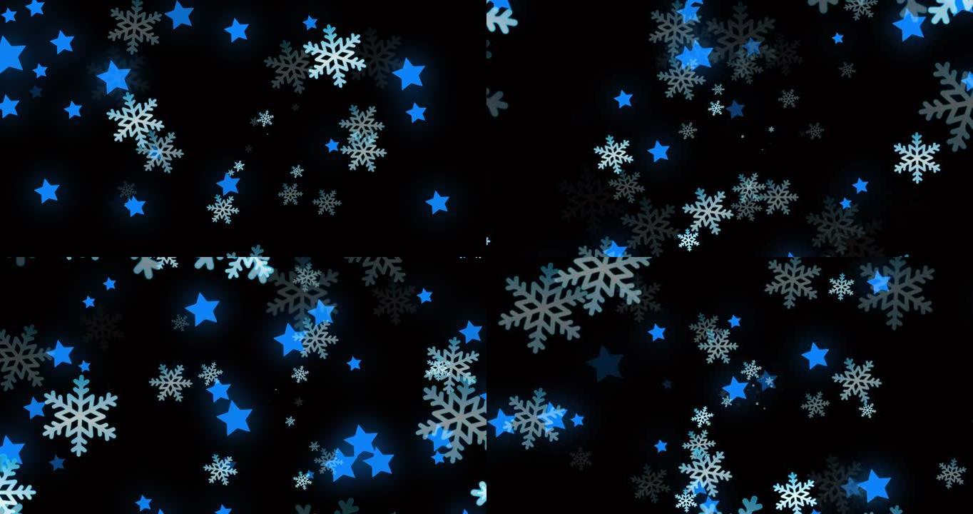 黑色背景上的圣诞节雪花和星星的动画