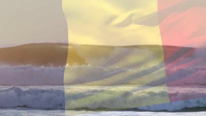 数字组成挥舞比利时国旗在海的波浪