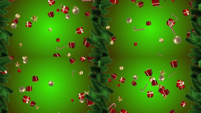 礼物落在绿色背景上的杉树树枝上的动画