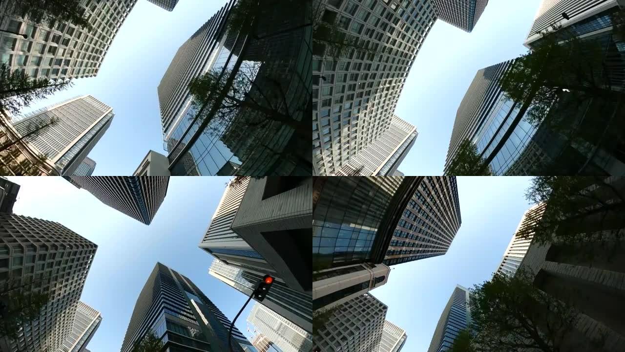 商业区摩天大楼。仰望天空