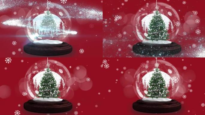 雪花落在流星周围的圣诞树在一个雪球在红色的背景