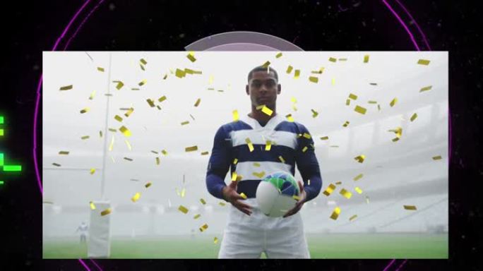 非裔美国橄榄球运动员在体育馆内持球的金色五彩纸屑动画