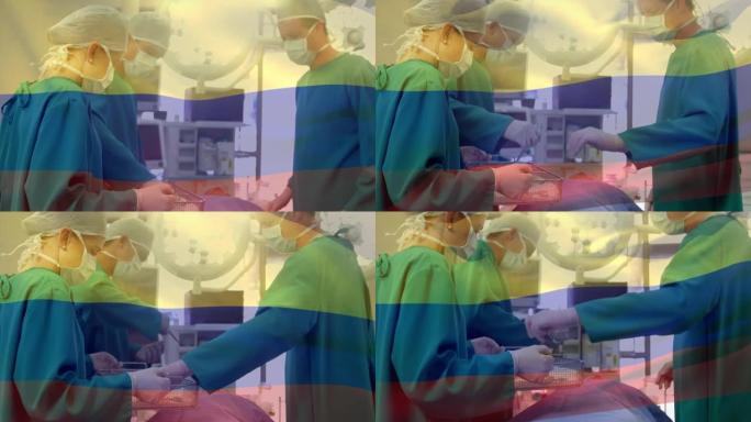 在手术室中挥舞着外科医生的camroon旗帜的动画