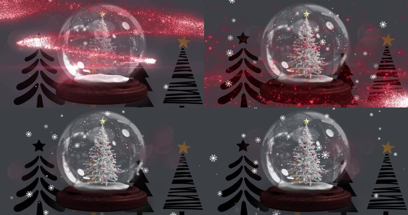 雪球动画，圣诞树覆盖积雪和枞树