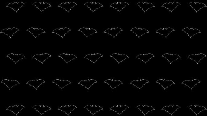 黑色背景上的动画白色细线蝙蝠剪影马赛克。万圣节节日运动图形装饰背景