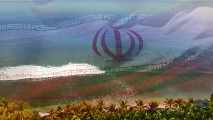 数字组成挥舞伊朗国旗反对海滩和海浪的鸟瞰图