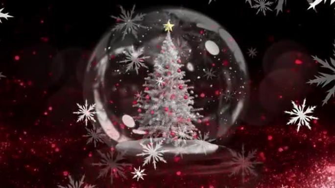 黑色背景上有树的圣诞雪花落在雪球上的动画