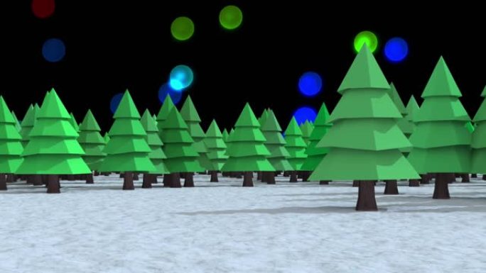 冬季景观上的多棵树与黑色背景上的彩色光点