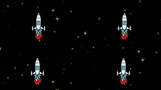 黑色背景上的太空火箭在太空中飞行的动画