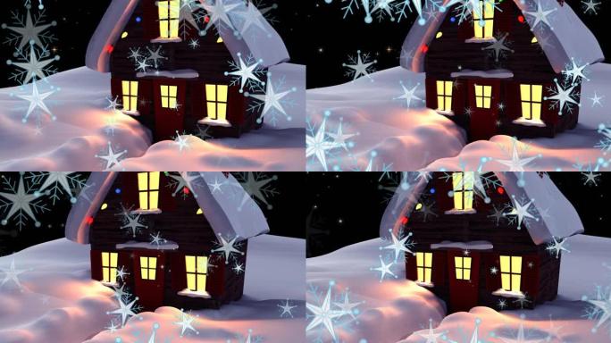 冬天风景下的雪落在房子上的动画