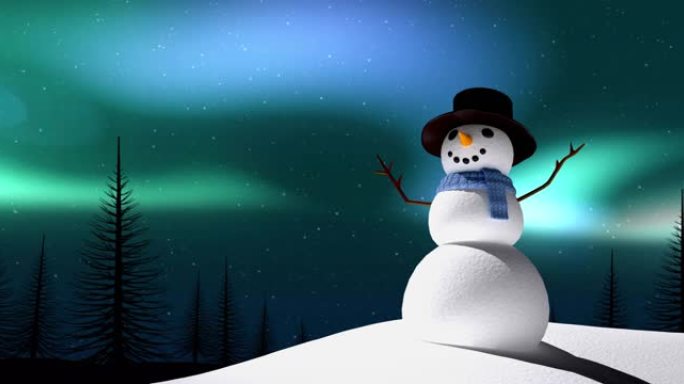 圣诞节在极光上的雪人的冬季风景动画