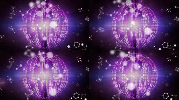 紫色镜球上空飞行分子的动画