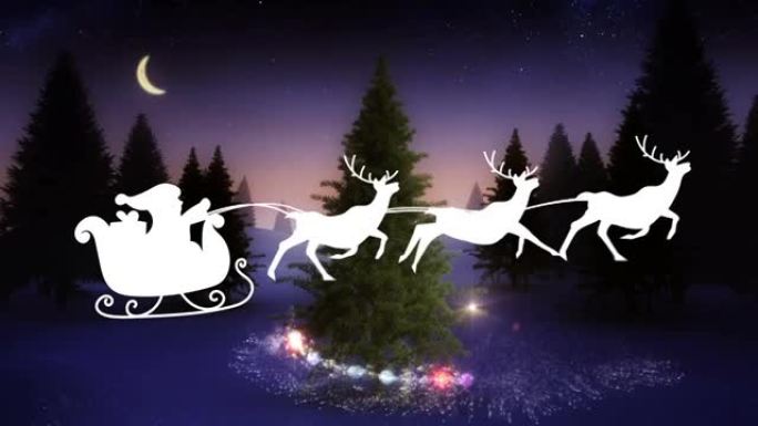 雪落在雪橇上的圣诞老人与驯鹿和圣诞树的动画