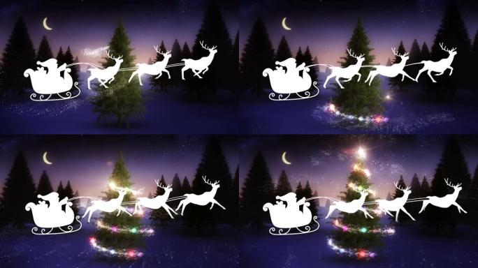 雪落在雪橇上的圣诞老人与驯鹿和圣诞树的动画