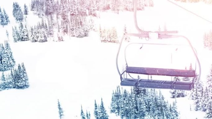 滑雪缆车上发光点的动画和冬季乡村风光