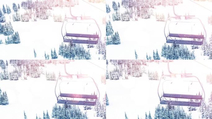 滑雪缆车上发光点的动画和冬季乡村风光