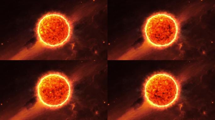 未来燃烧的太阳星。被恒星包围的深空太阳的电影燃烧表面。具有热等离子体和核聚变反应的数字星。逼真的太阳
