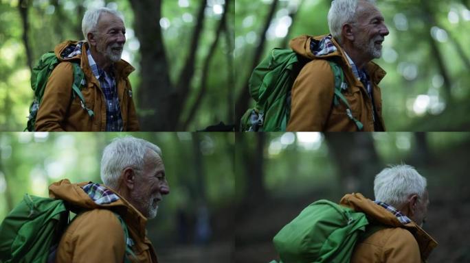 老人在树林里徒步旅行