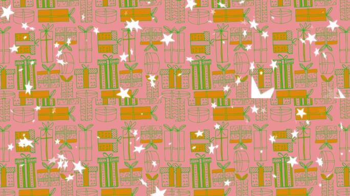 粉红色背景上的流星上的圣诞节礼物图案的动画