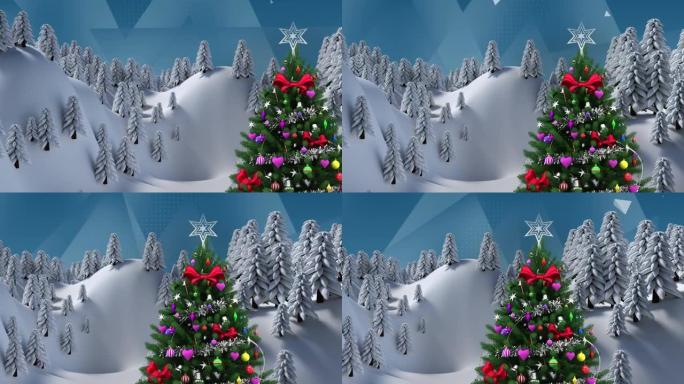 蓝色几何形状上的冬季景观和圣诞节装饰动画