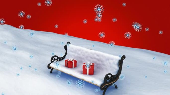 雪花落在积雪覆盖的长凳上的两个红色圣诞节礼物上的动画