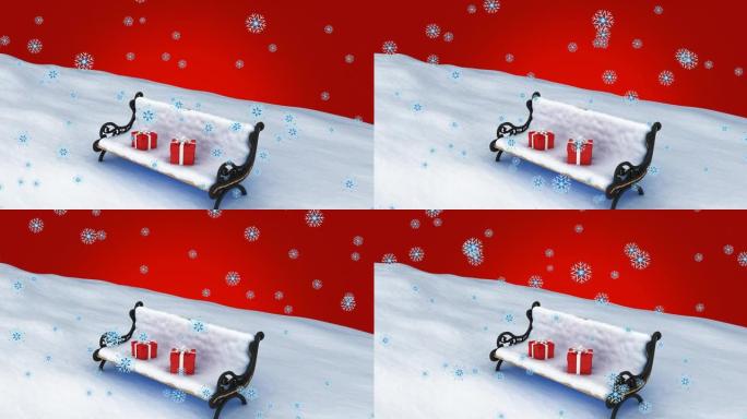 雪花落在积雪覆盖的长凳上的两个红色圣诞节礼物上的动画