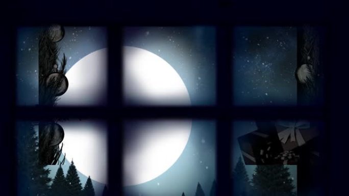 雪橇上的圣诞老人的窗框被驯鹿拉向夜空