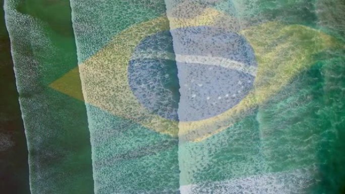 动画的巴西国旗在海中波浪的鸟瞰图