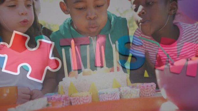 派对上带有生日蛋糕的儿童彩色拼图和自闭症文本的动画