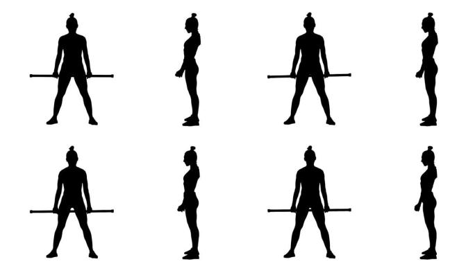 穿着运动服的年轻女子的黑色剪影，做酒吧锻炼，下蹲和倾斜。适合女性。白色背景上的2合1拼贴正面和侧面视