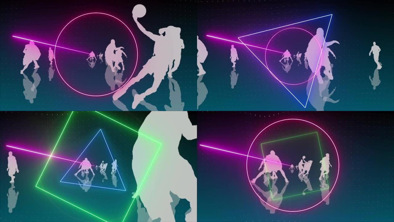 篮球运动员轮廓上旋转的霓虹灯形状和灯光的动画
