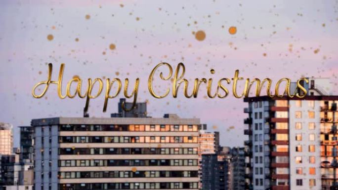圣诞节快乐的动画文本，橙色斑点落在城市景观背景上